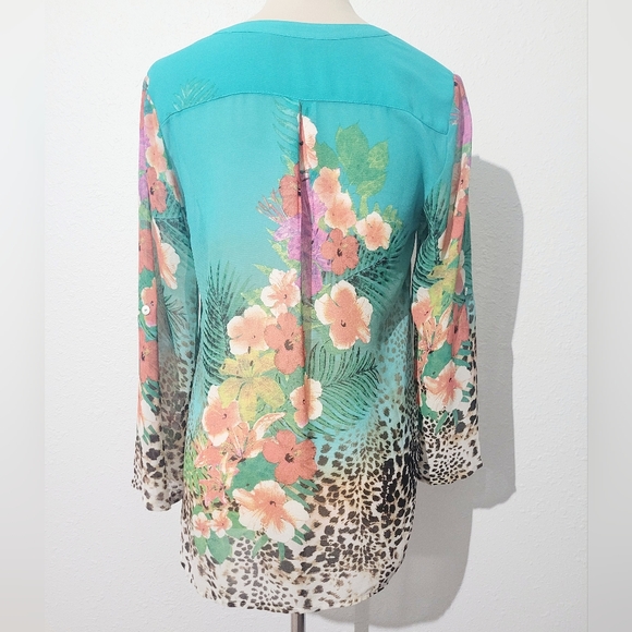 Soft Surroundings Tropical Floral Leopard Tunic Top Teal 3/4 Sleeve Size Medium - Picture 5 of 10
